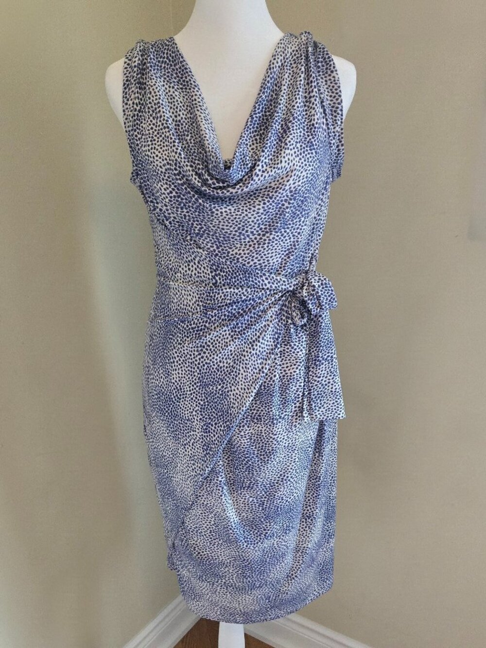 Jules & Jim Blue Abstract Dot Cowl Neck Maternity Wrap Dress L/G Made in Canada